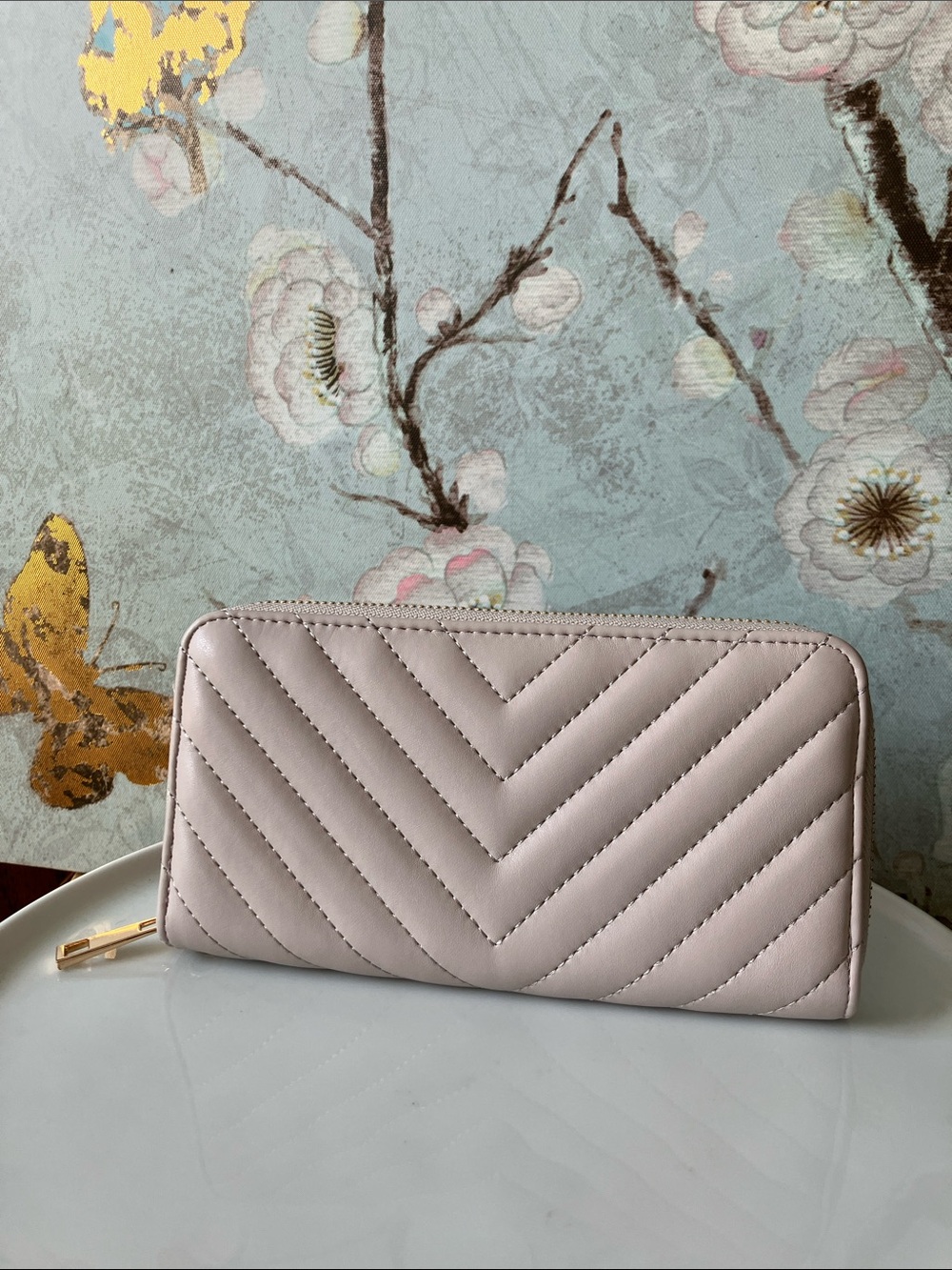 Quilted Chevron Zip-Around Wallet Wristlet Beige & Gold Hardware